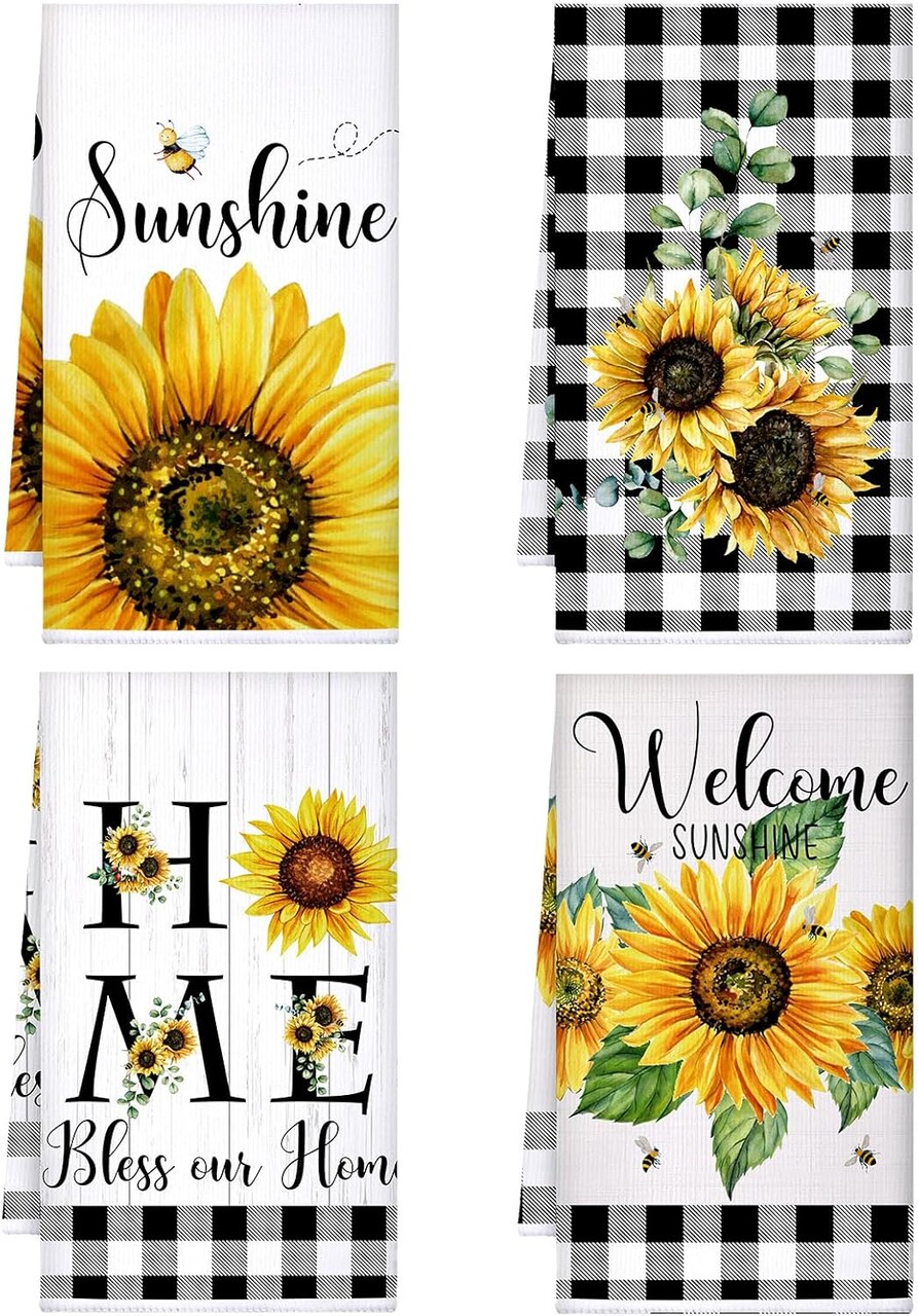 4 Pcs Sunflower Kitchen Towels Spring Summer Flower Floral Sea Beach Lemon Kitchen Hand Dish Towels Fast Drying Decor for Cooking(Yellow,Sunflower)